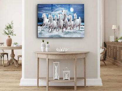 White Stallions - Lucky 7 running horses Vastu - Glass Wall Art -Housewarming Gift - Interior Design Ideas-
