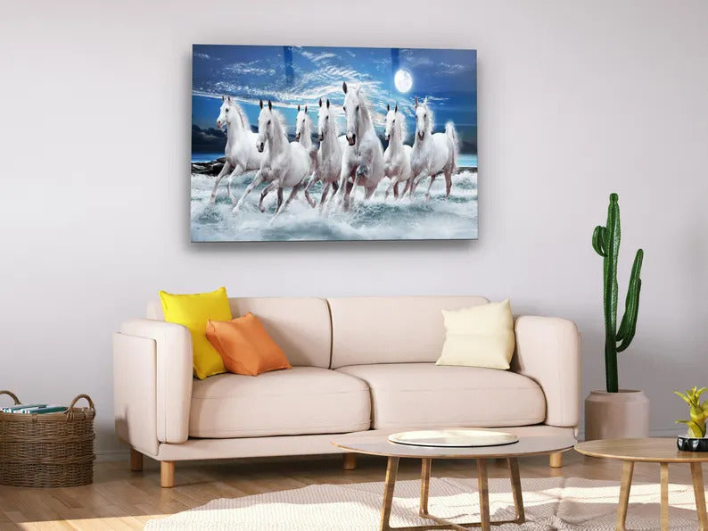 White Stallions - Lucky 7 running horses Vastu - Glass Wall Art -Housewarming Gift - Interior Design Ideas-