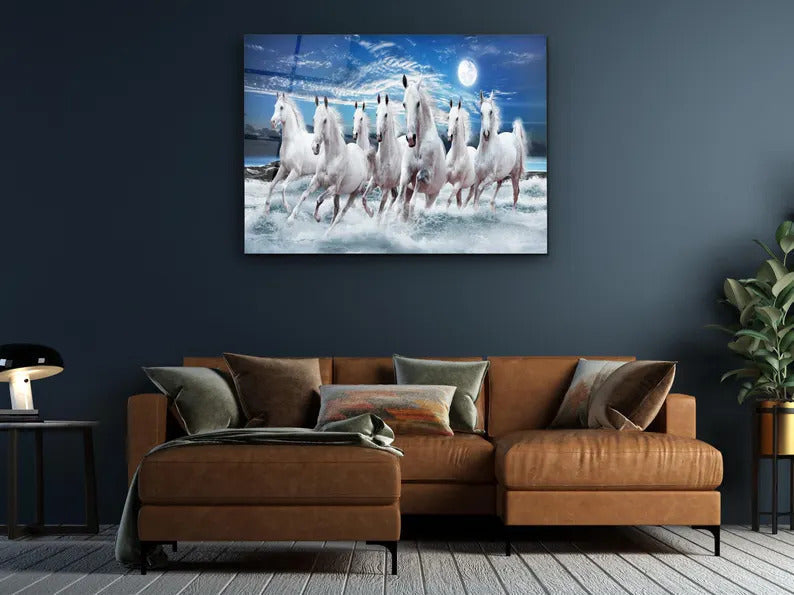 White Stallions - Lucky 7 running horses Vastu - Glass Wall Art -Housewarming Gift - Interior Design Ideas-